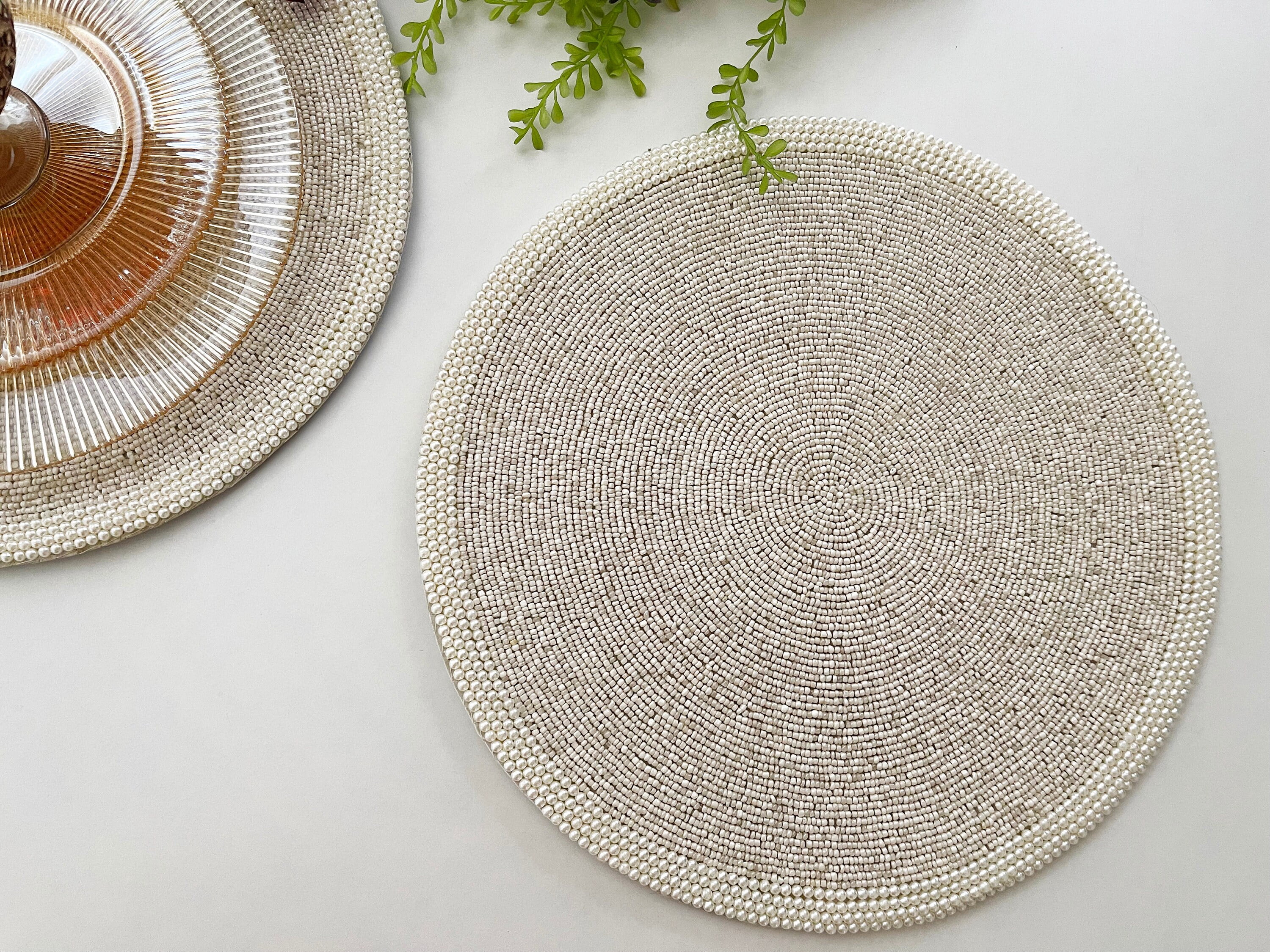 Set of 2, Handmade beaded placemat, tablemat, 14 inch, white, light cream charger plate, gift for her