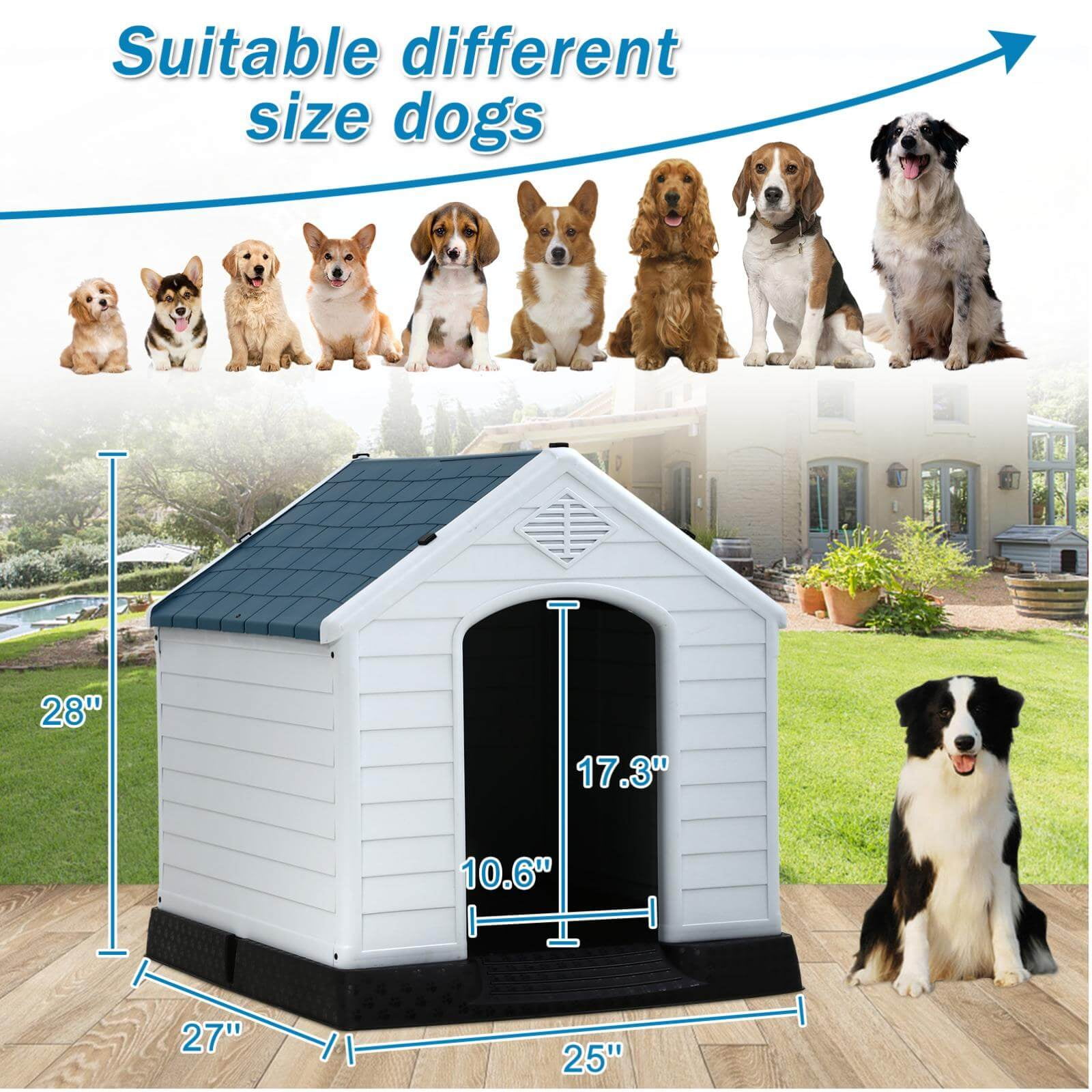 Plastic Dog House 28 inch Indoor Outdoor Dog Houses with Elevated Floor, All Weather Waterproof Doghouse, Easy to Assemble,Ventilation Design Pet House
