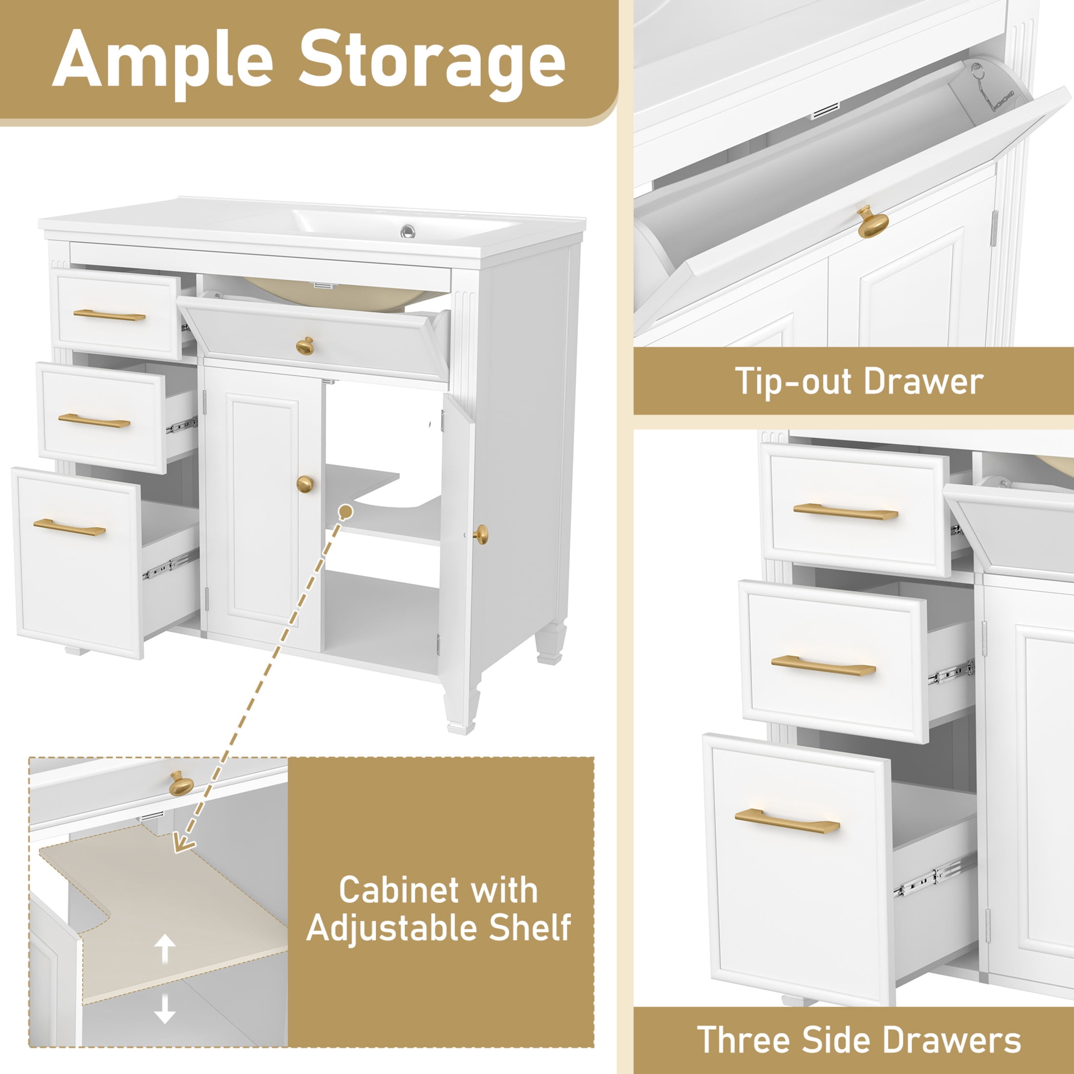 Christopher Knight Home 36" Bathroom Vanity with Sink, Tip-out Drawers & Gold Metal Handles, White