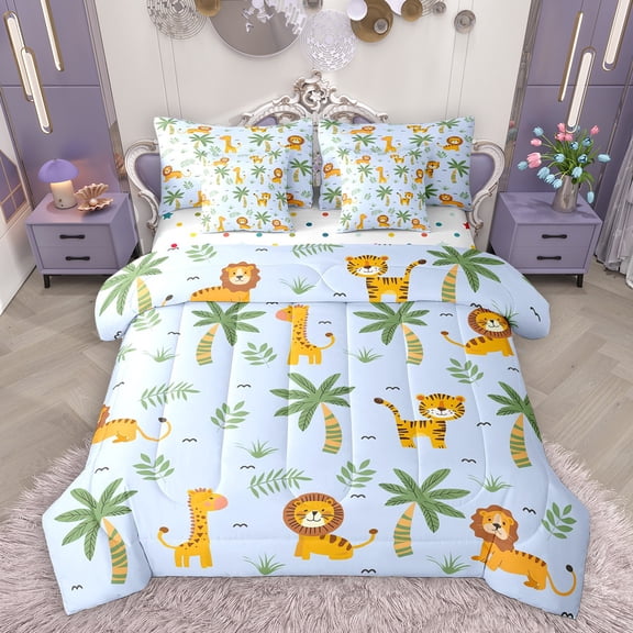 Homewish Cartoon Lion Giraffe 7-Piece Twin Bedding Sets,Zoo Animal Bedding Comforter Set,Blue Orange Green Sheet Sets For Boys Girls,Luxury Bedroom Decor Reversible