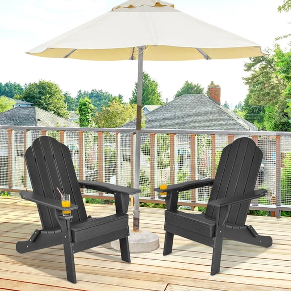 Gymax Black 2PCS Patio Folding Adirondack Chair Weather Resistant Cup Holder Yard