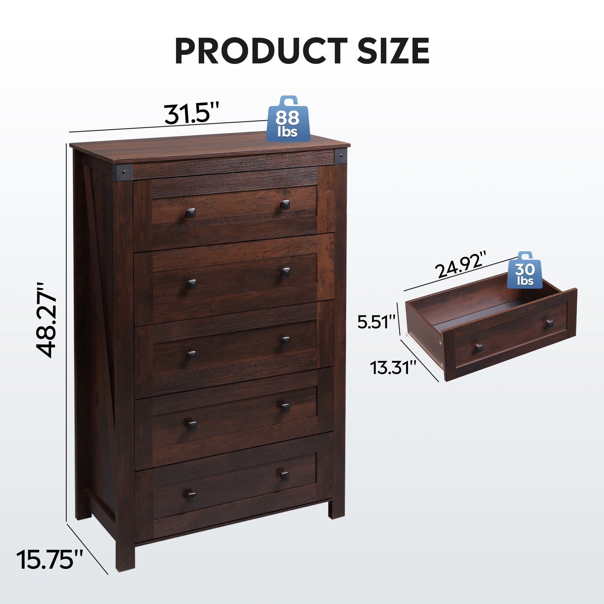 GALAXHERO Farmhouse 5 Drawer Dresser, Brown Tall Dresser with Double Rustic Handles, Wood Chest of Drawers for Bedroom, Living Room, Hallway