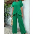thumbnail image 2 of Womens Summer 2 Piece Outfits Short Sleeve Casual Round Neck Wide Leg Long Pants Suit Set Green L, 2 of 6