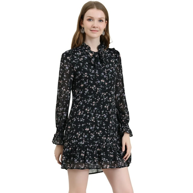 INSPIRE CHIC Women's Ruffle Tie Neck Casual Loose Shift Floral Dress