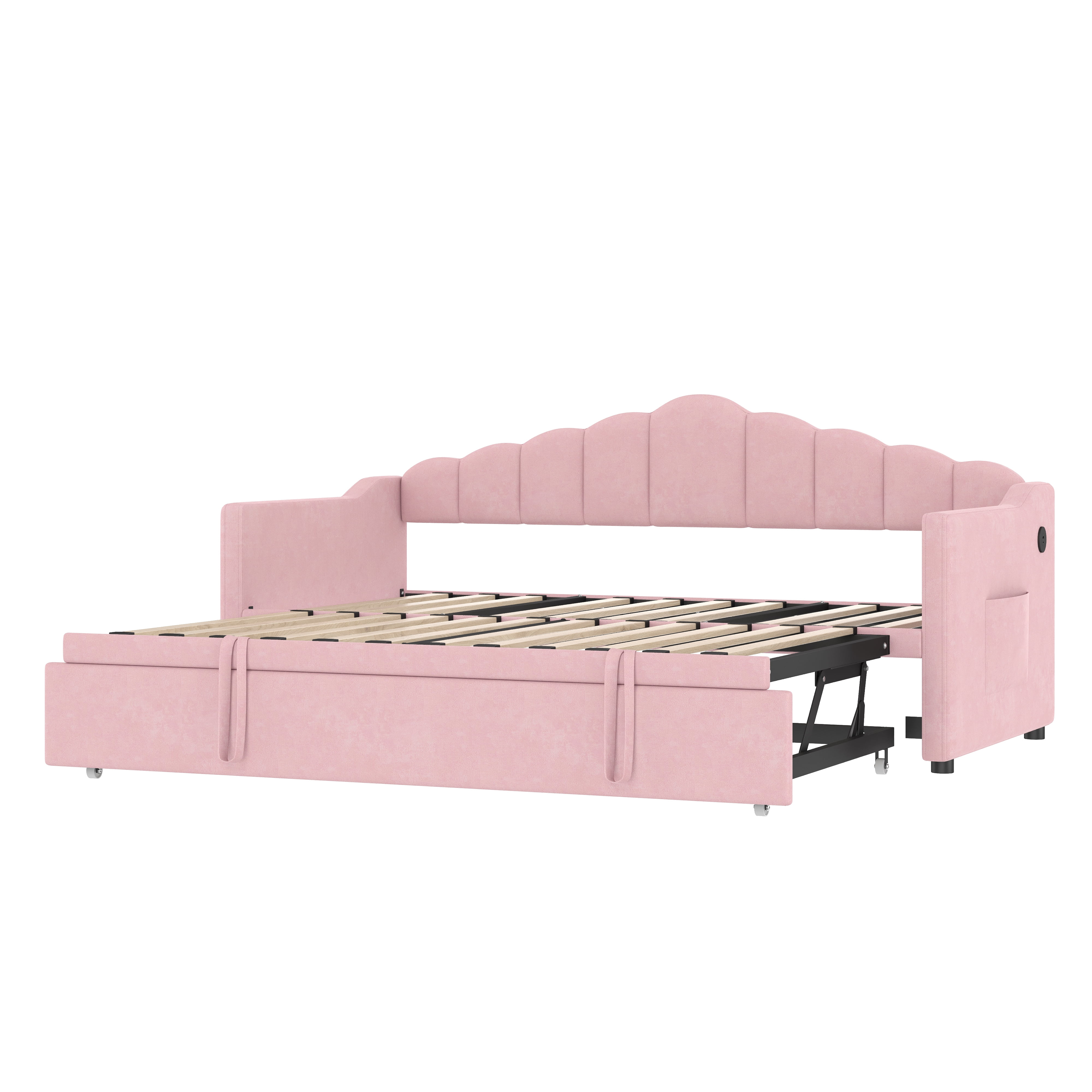 Euroco Upholstered Twin Size Daybed with Pop up Trundle Bed, Adjustable Sofa Bed with Pockets and USB & Type-C Charging Station, Pink