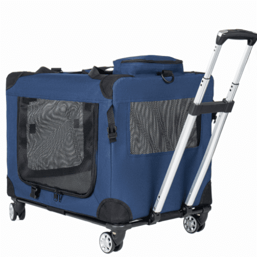 24'' Collapsible Rolling Dog Crate – 3-Door Travel Kennel, Dark Blue