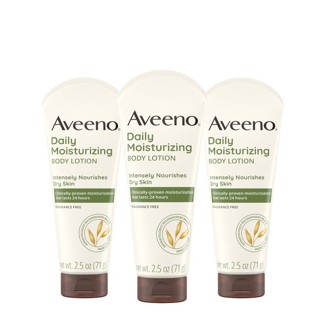 Aveeno Daily Moisturizing Body Lotion, Gentle Lotion Nourishes Dry Skin With Moisture, Soothing Prebiotic Oat, Fragrance-Free, Non-Comedogenic, Travel-Size, Pack of Three, 3 x 2.5 fl. oz