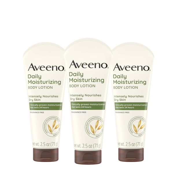 Aveeno Daily Moisturizing Body Lotion, Gentle Lotion Nourishes Dry Skin With Moisture, Soothing Prebiotic Oat, Fragrance-Free, Non-Comedogenic, Travel-Size, Pack of Three, 3 x 2.5 fl. oz