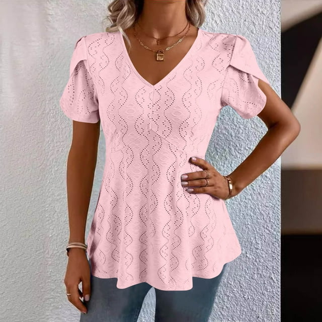 Moins de 10, Blouse Haut à Manches Courtes Décontractée Unie pour Femmes à Col en V pour un Port Décontracté Confortable Essentiel Polyvalent de Garde-Robe/nylon,Spandex,Rose,Sopatenor