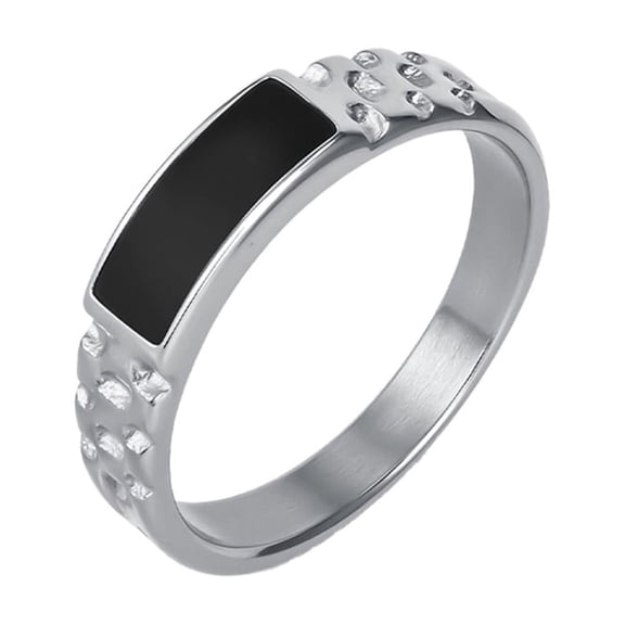 PAURO Stainless Steel Pinky Ring for Men Women Black Rectangle Inlay Band Hammered Texture Jewelry Gift for Couple Sliver Size 8