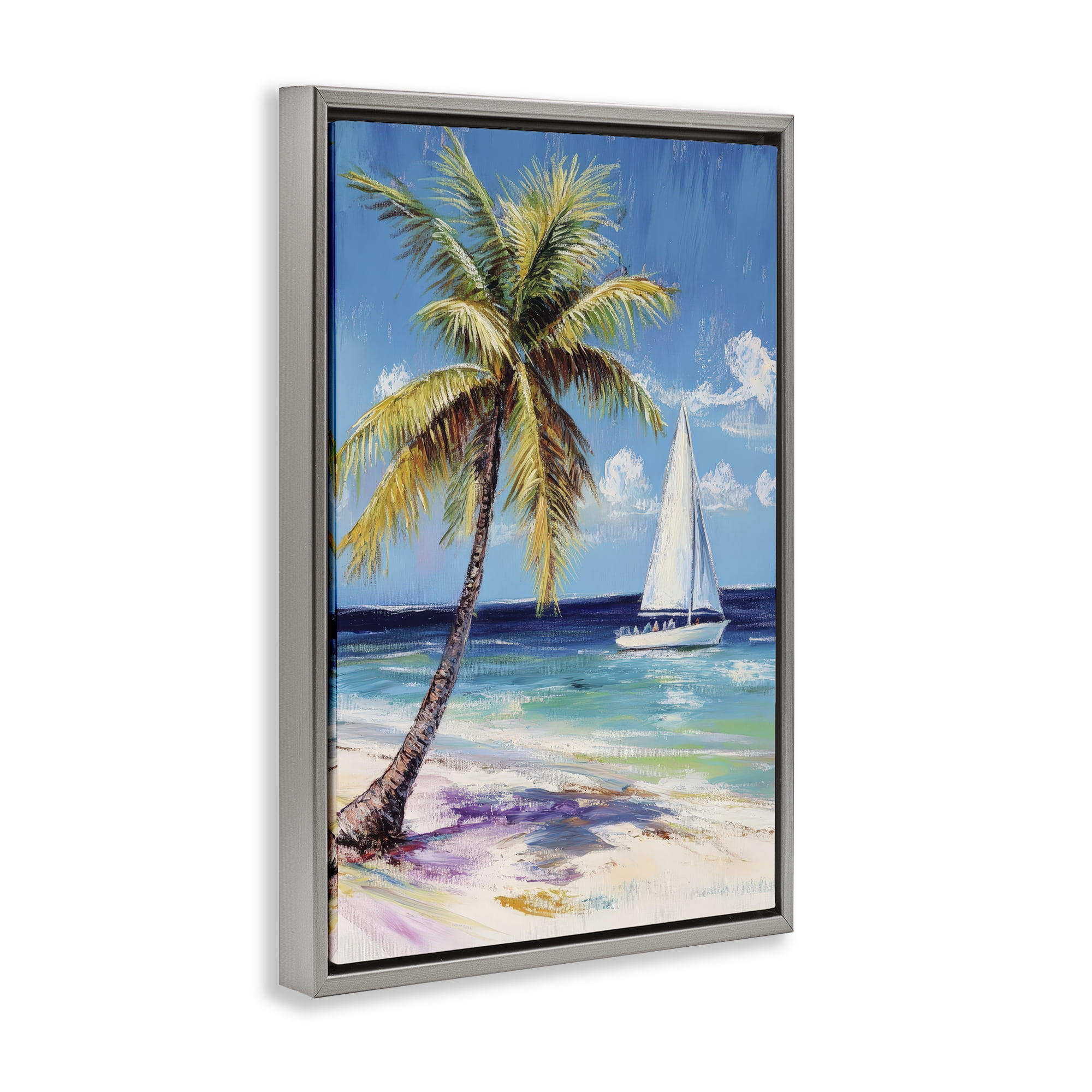 Stupell Industries Sailboat Delight with Palm Tree Gray Framed Floater Canvas Wall Art, design by Petal Prints Design