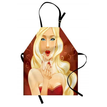 Beautiful Shapes - Kiss Apron Beautiful Young Blonde Woman Sending Kisses Heart Shapes Flirting Valentine, Unisex Kitchen Bib Apron with Adjustable Neck for Cooking Baking Gardening, Chesnut Brown Yellow, by Ambesonne