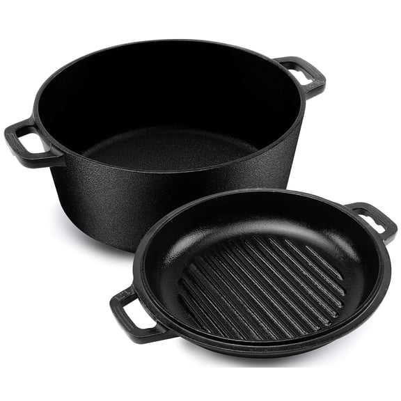 KICHLY Cast Iron Dutch Oven with Dual Purpose Skillet Lid, 5.QT Cast Iron Pot with 10.6 in Griddle Pan, Pre-Seasoned Heavy Duty Pot