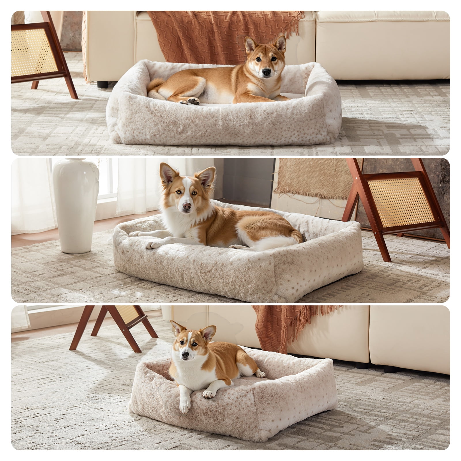 Vintage Leopard Print Dog Bed Cat Bed, Ultra Soft Calming Dog Bed, Rectangle Comfortable Pet Bed for Small Medium Large Dogs, Off-White, 36in