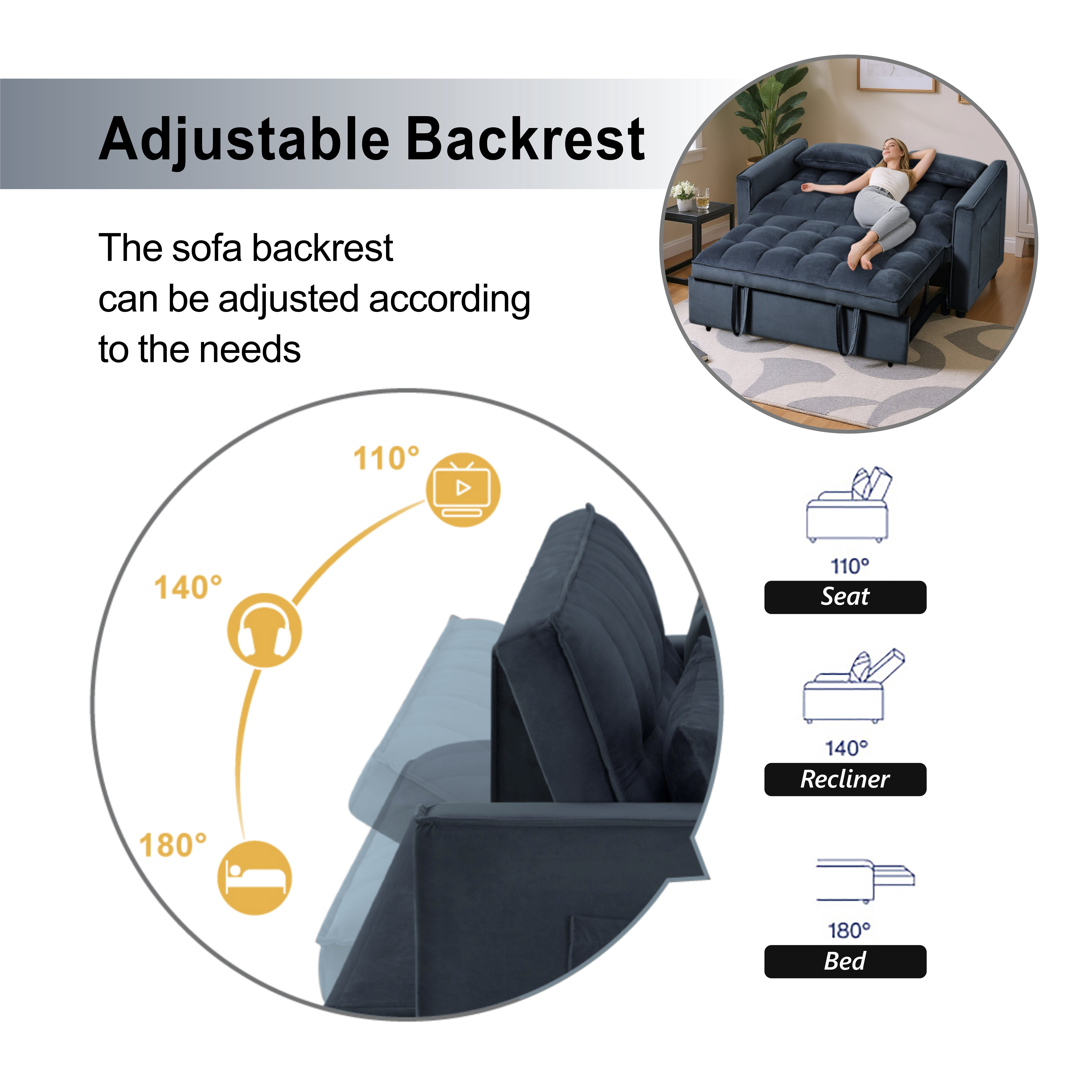 Gewnee 3 in 1 Modern Convertible Sleeper Sofa Bed,Velvet Pull Out Couch with Adjustable Backrest,USB,Side Pockets,Black Loveseat Futon for Living Room,Apartment