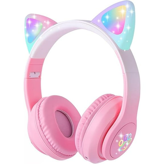 Cat Ear Kids Bluetooth Headphones for Girls Children Teens, LED Light Up Wireless/Wired Mode Foldable Stereo Girls Headphones with Built-in Mic for School Birthday Xmas Gift (Pink)