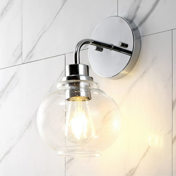 JONATHAN Y Sandrine 6.5" 1-Light Iron/Seeded Glass Cottage Rustic LED Vanity Light, Chrome