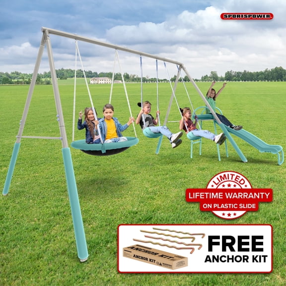Sportspower Super Saucer Metal Swing Set with 2 Swings, Saucer Swing, & 5' Double Wall Slide with Lifetime Warranty