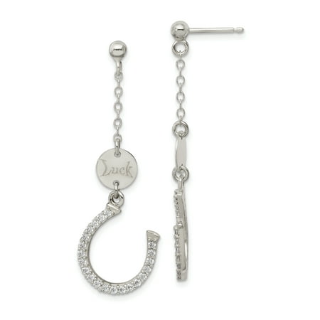 Sterling Silver Polished CZ Horseshoe Luck Dangle Post
