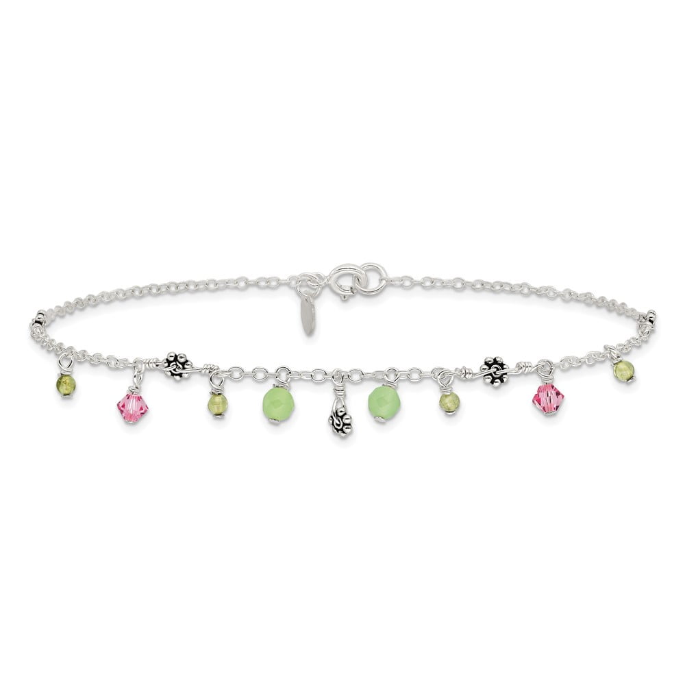 Sterling Silver Anklet Crystal 9 inch mm 9in Pink Green Quartz Peridot Beads
