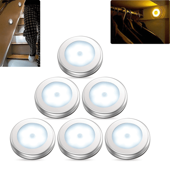 Set of 6 motion sensor lights, battery-operated LED night lights, stair lighting, under-cabinet lighting, can be stuck anywhere in the home, kitchen, hallway, etc.