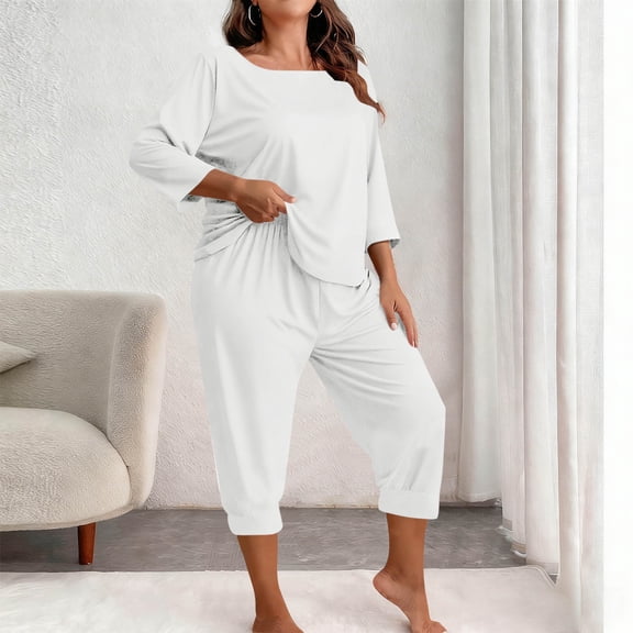 Xdegoge Womens Plus Size Pajama Sets 2 Piece Pajamas Boat Neck 3/4 Sleeve and Capri Pants Matching Set Loose Comfortable Lounge Summer Sleepwear