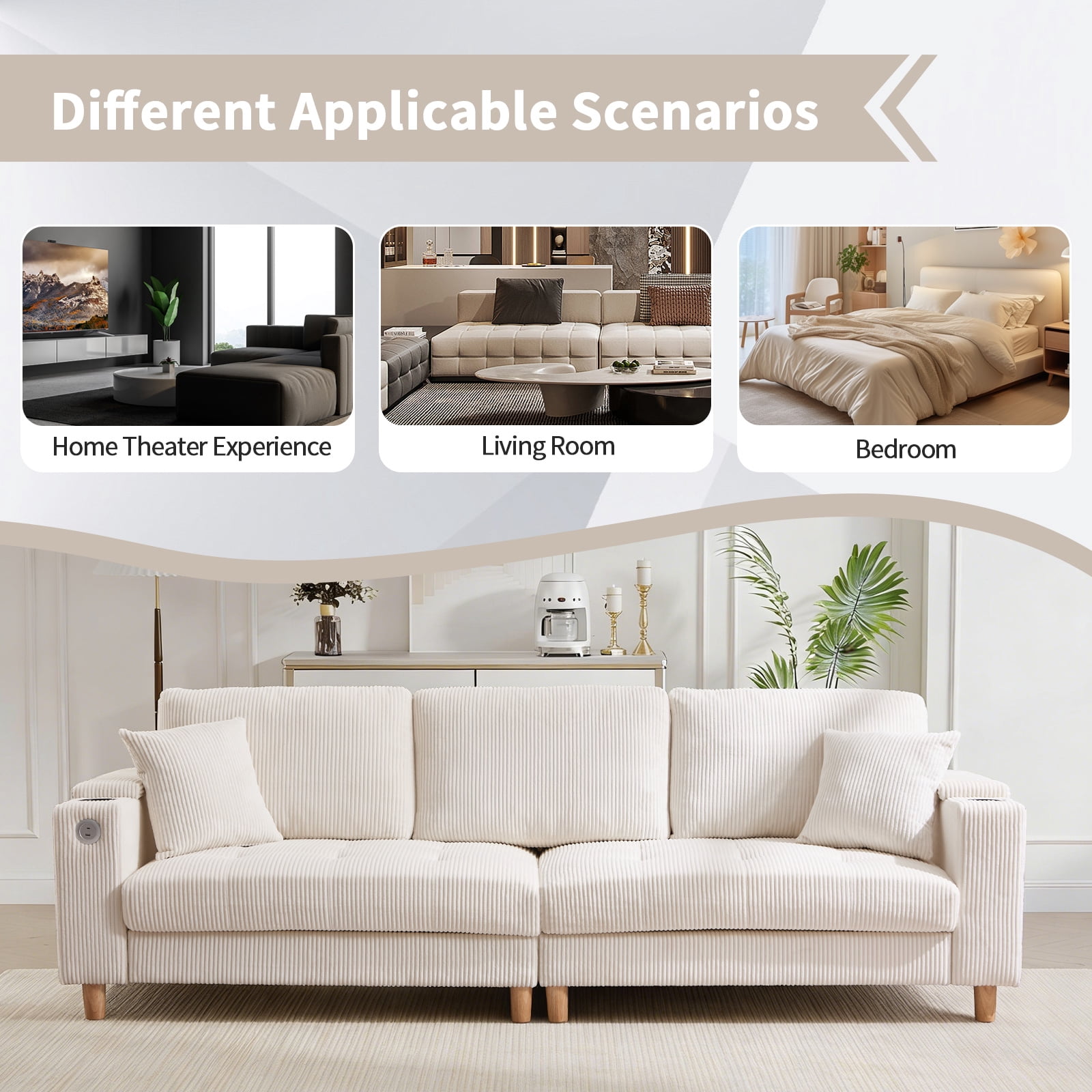 Bonzy Home 100 inch Modern Corduroy 3-Seater Sofa, Oversized Comfy Couch with USB Charging Port, Hidden Storage, Overstuffed Backrest & Throw Pillows, White