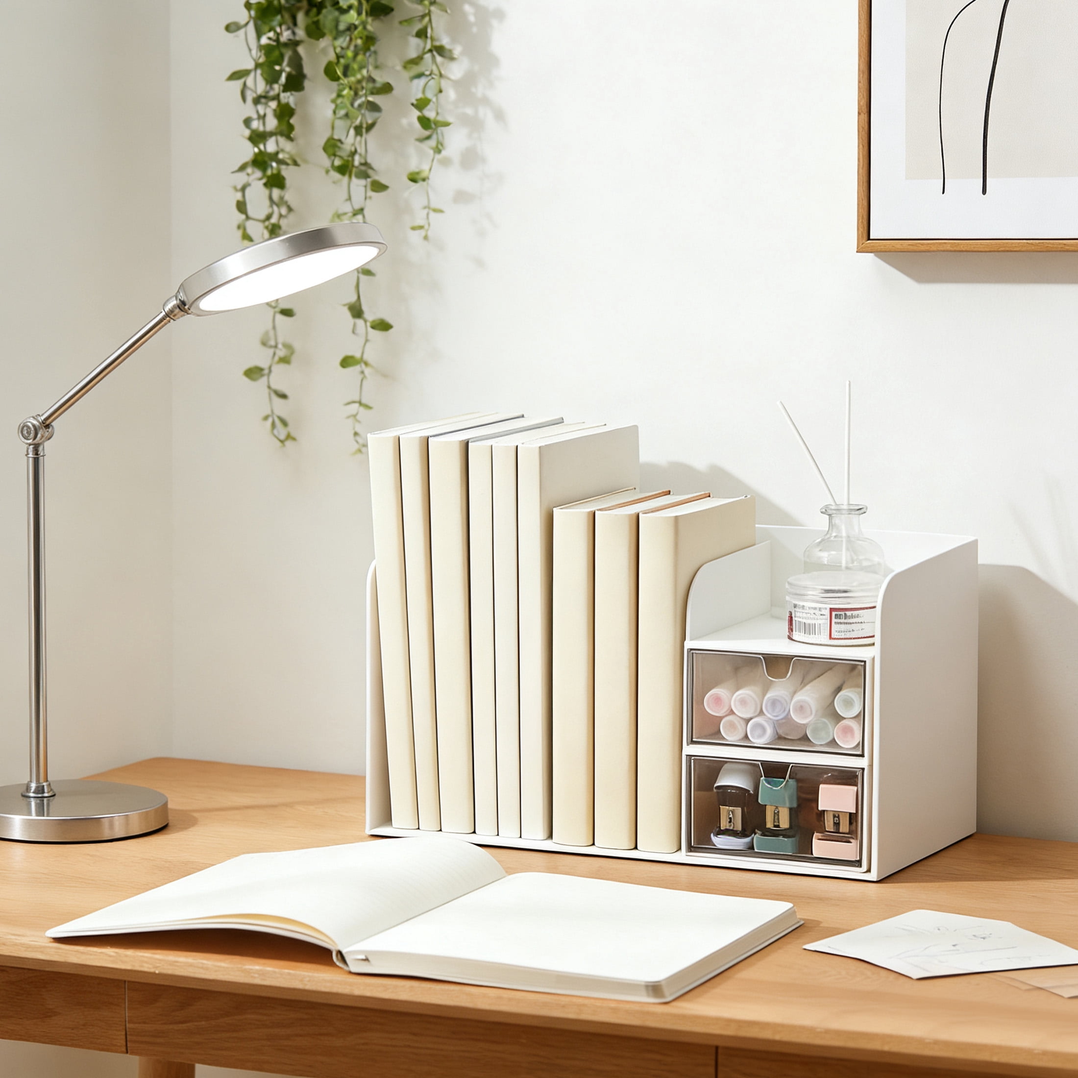 Desk Book File Organizer, Plastic Book Storage Rack, Expandable Desk Organizer with Drawer, Desktop File Organizer, Small Shelf Book Rack for Office Home