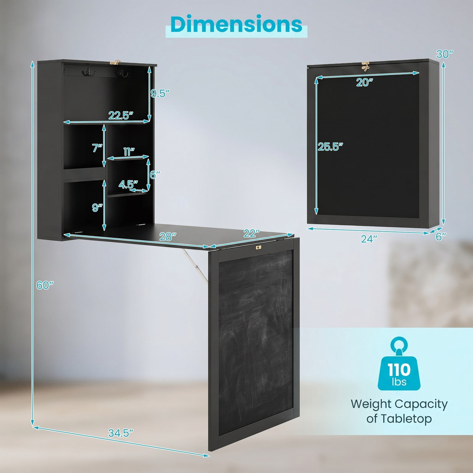 Furnibear Convertible Wall Mounted Folding Desk with Chalkboard, Space Saving Fold Down Wall Table with 6 Storage Cubes and 3 Hooks for Home Office Study, Black
