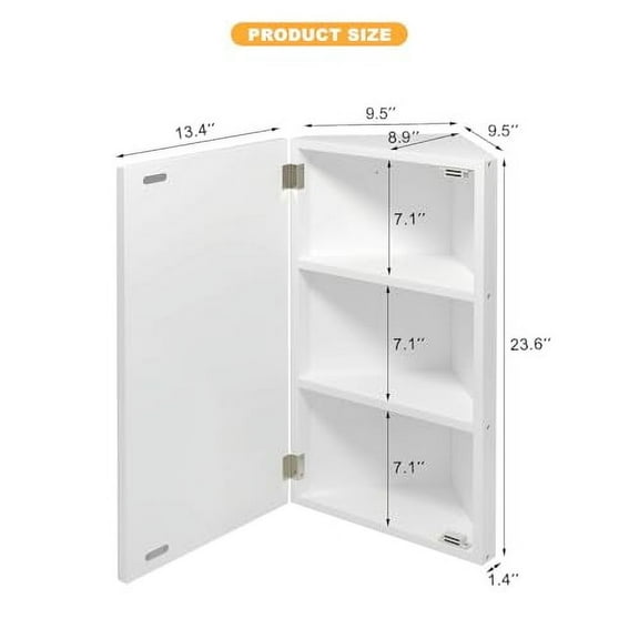 Corner Medicine Cabinet with Mirror, Medicine Cabinet for Bathroom with 3 Storage, Corner Bathroom Mirror Cabinet Wall Mounted,White Opens Right to Left,24x14