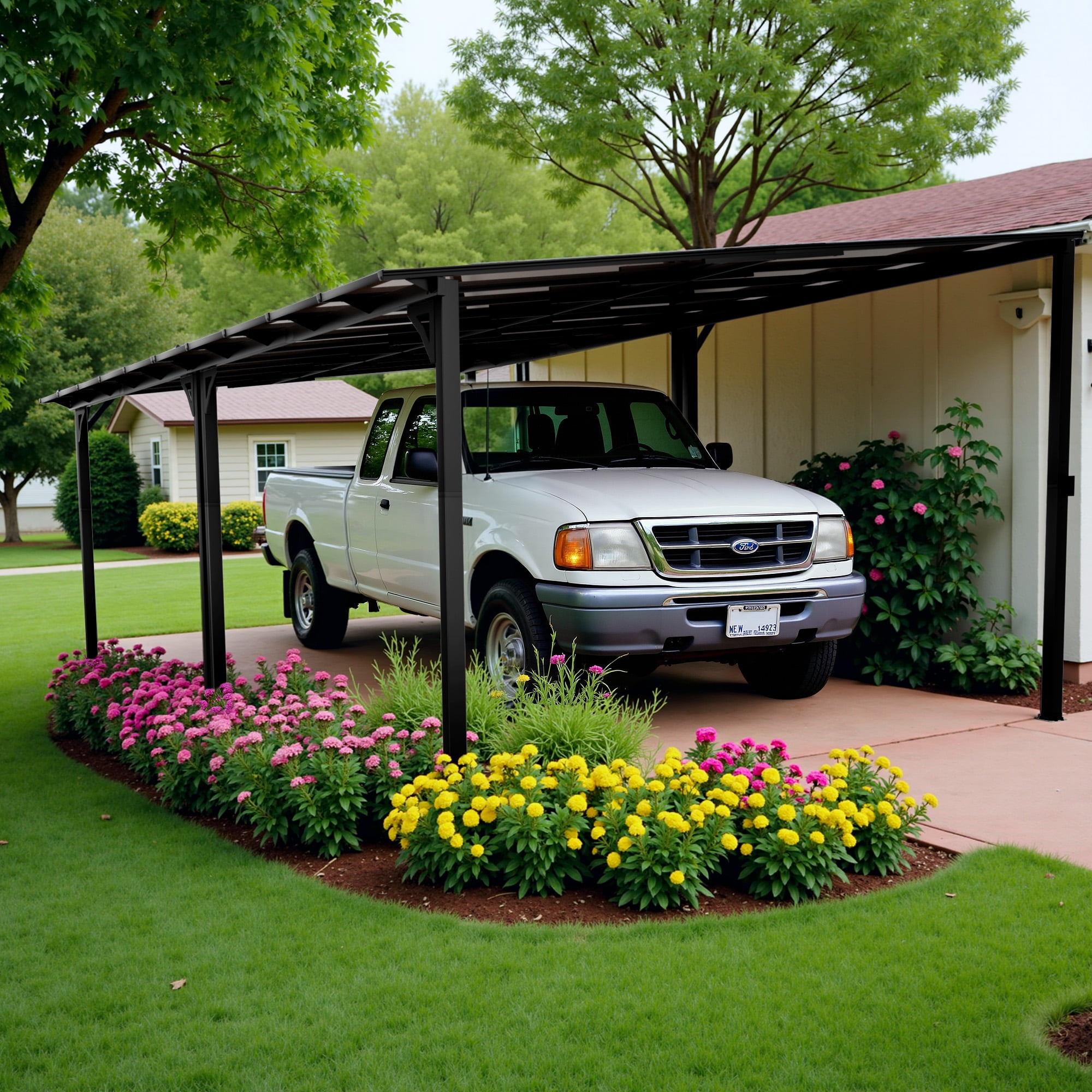 Devoko 10*10 ft Patio Wall-Mount Wall-Free Lean-to Hardtop Pergola Gazebo with Metal Frame and Lean-to Polycarbonate Roof for Backyard and Garden