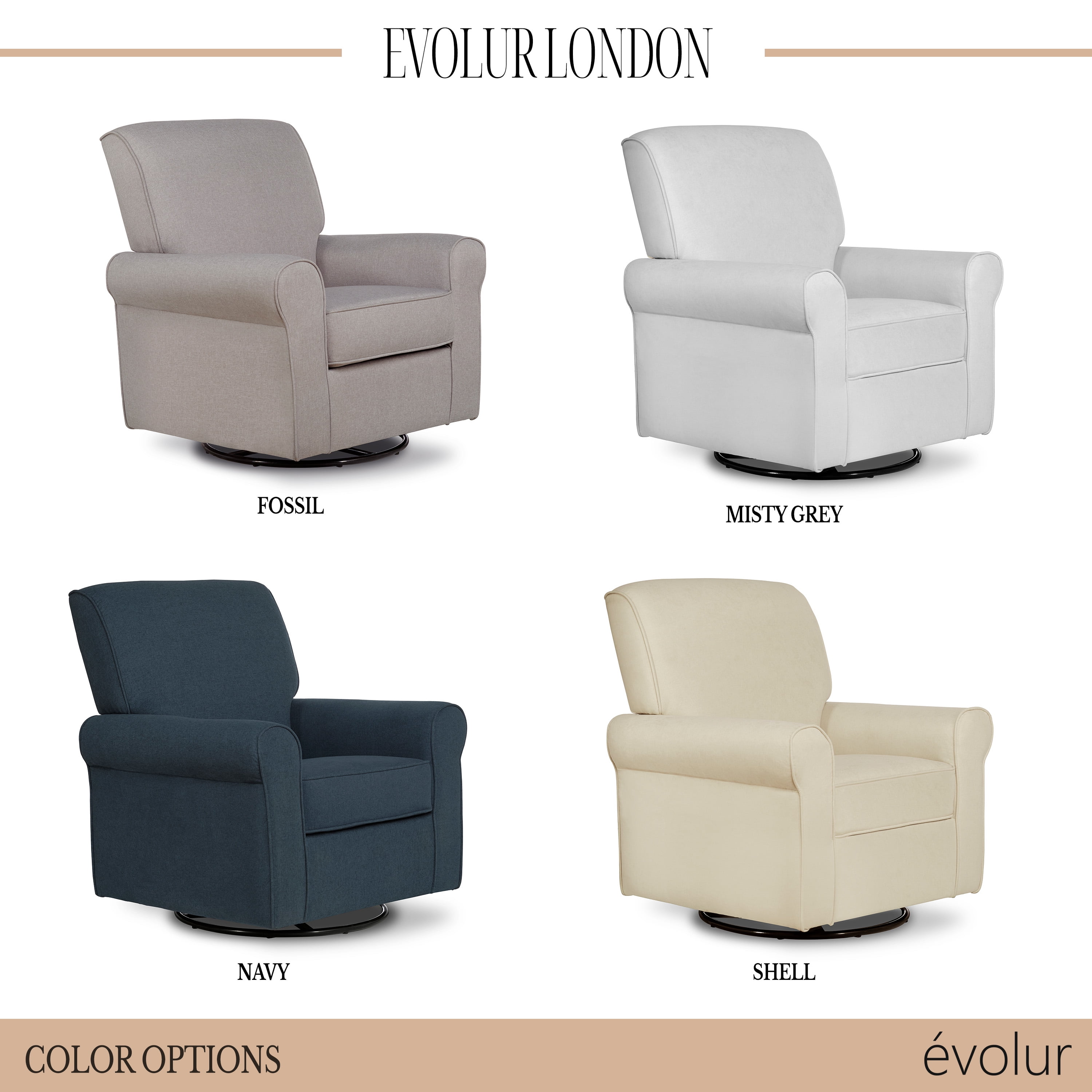 Evolur London Upholstered 360 Swivel l Glider I Rocker I Nursery Glider I Durable Soft Fabric in Fossil Finish