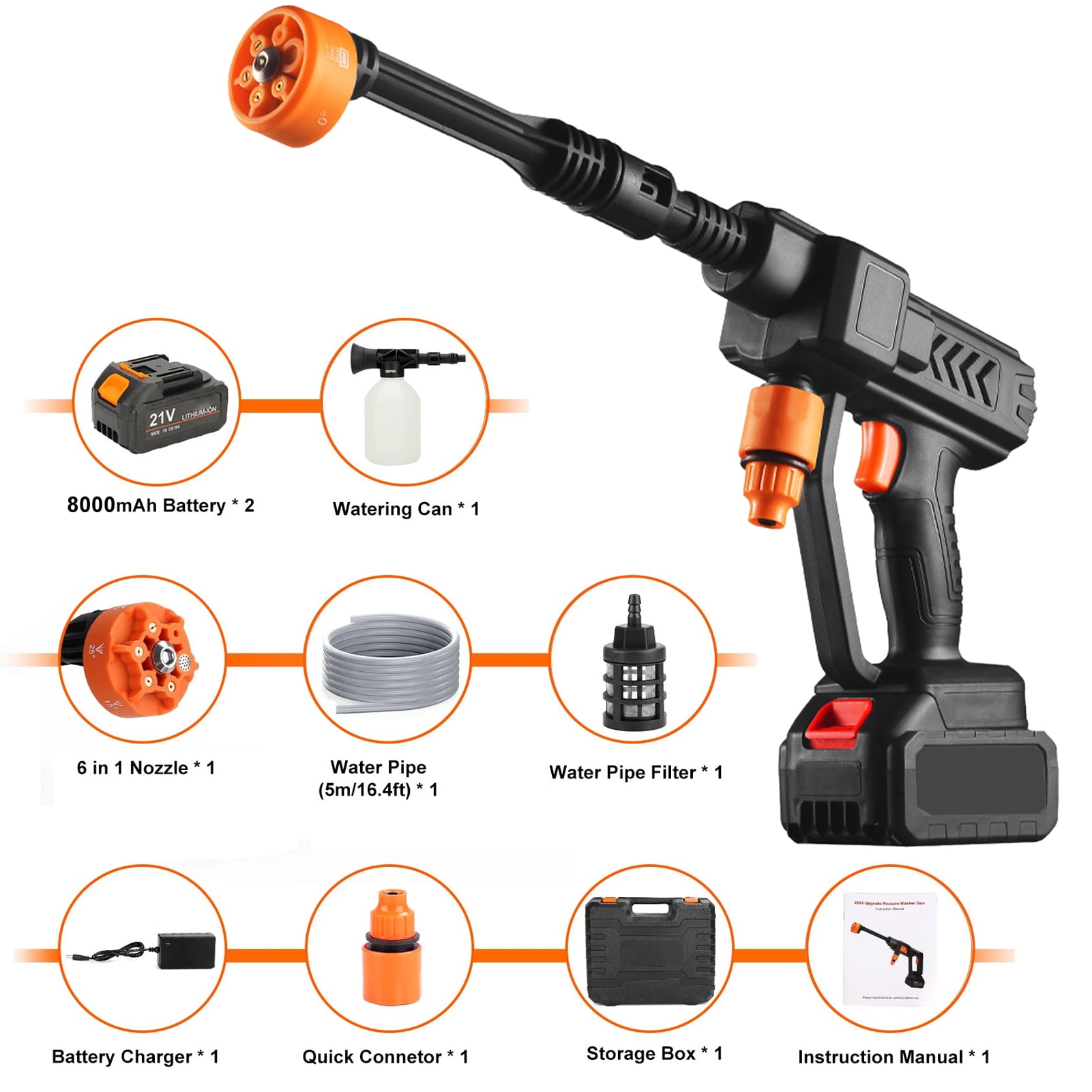 500PSI Cordless Pressure Washer w/ 2 Battery, Adjustable 6-in-1 Nozzle Portable Handheld Electric Power Washer with 16.4ft Hose for Car, Home, Patios
