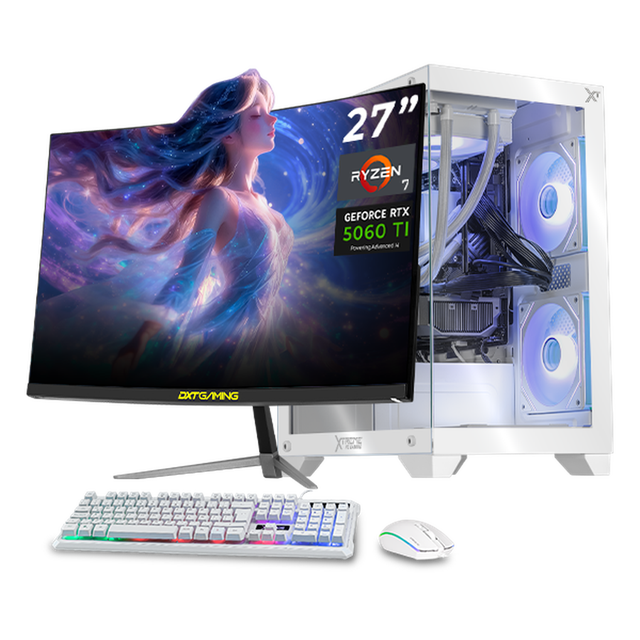PC Gamer Completa IA Xtreme PC Gaming NVIDIA GeForce RTX 5060 TI AMD Ryzen 7 5700X 32GB SSD 1TB Monitor Curvo 27 180Hz Sistema Liquido WIFI White Productividad Versátil Acelerada con IA