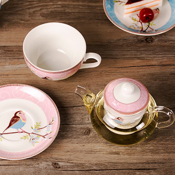 Ceramic Flower Teapot Flower Bird Cup Saucer Heat-Resistant Glass Pot Set  Coffee Cup Afternoon Tea Tea Set Pink