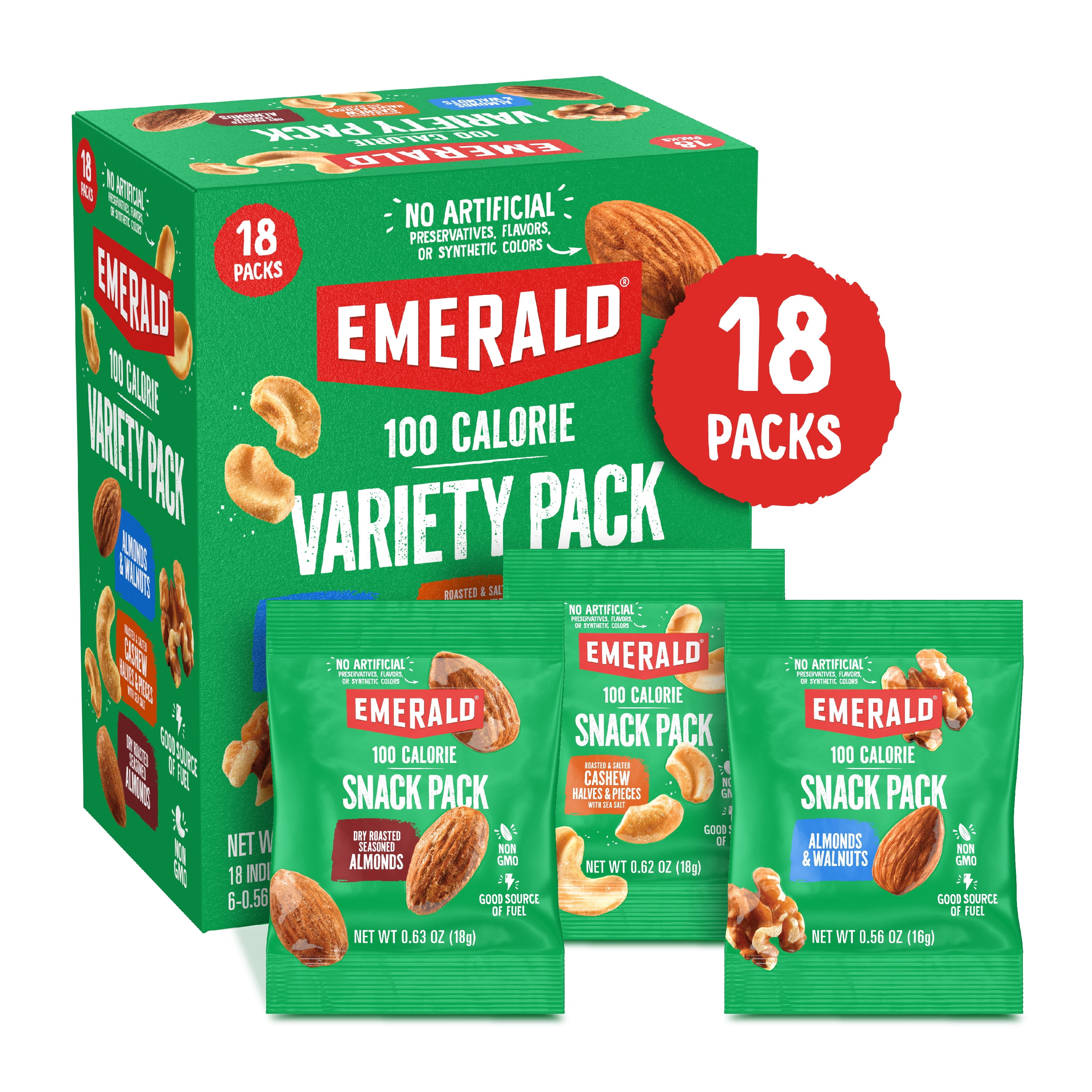 Emerald Nuts Variety Pack, 100 Calorie Almonds, Walnuts, Cashews, 18 Count (Pack of 2)