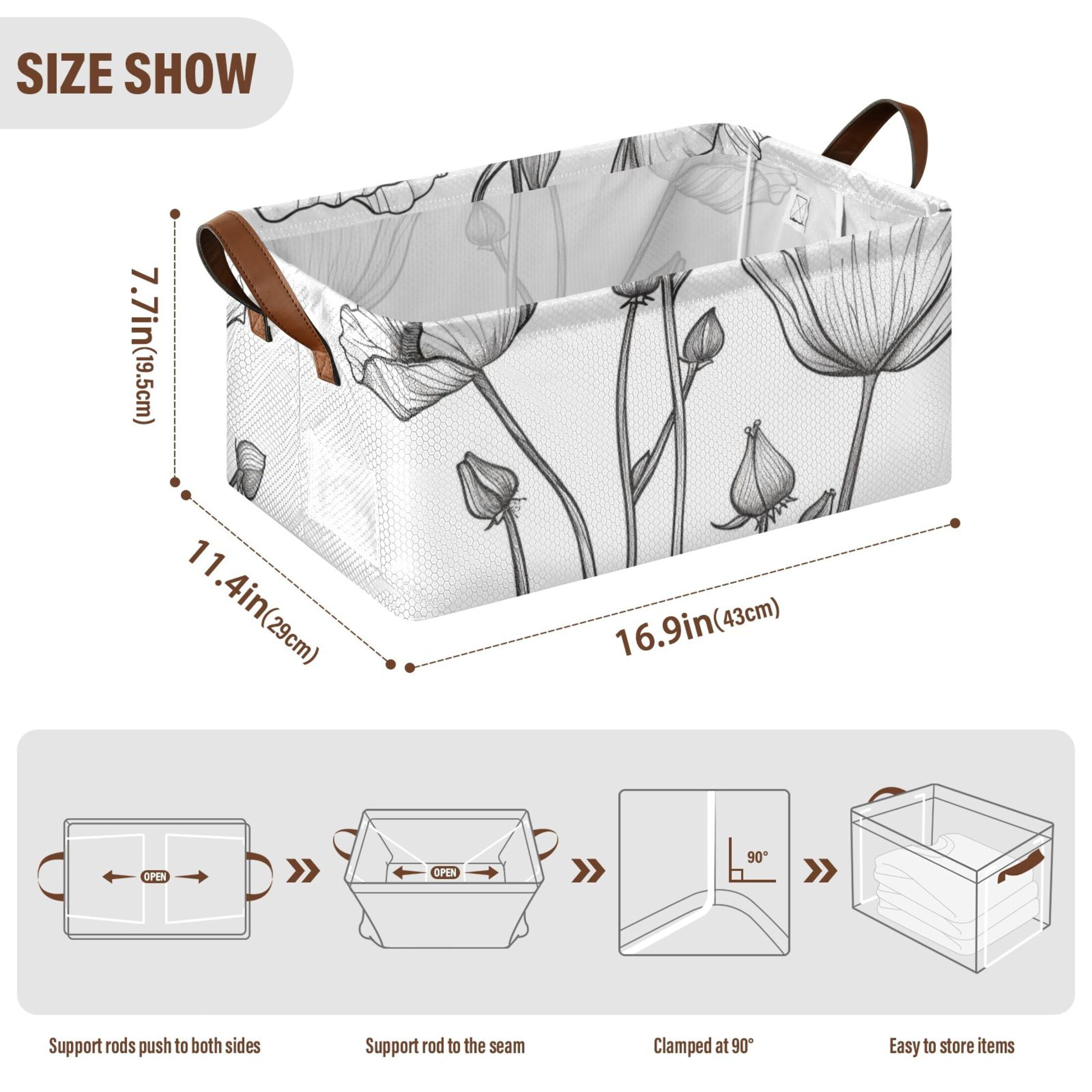 Black Line Flowers Storage Bins with Handles Foldable Storage Baskets for Shelves Organizer Cloth Baskets