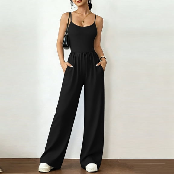 ClodeEU Women's Spaghetti Strap Wide Leg Jumpsuit,Elegant Casual Long Romper Black,Women's Plus L