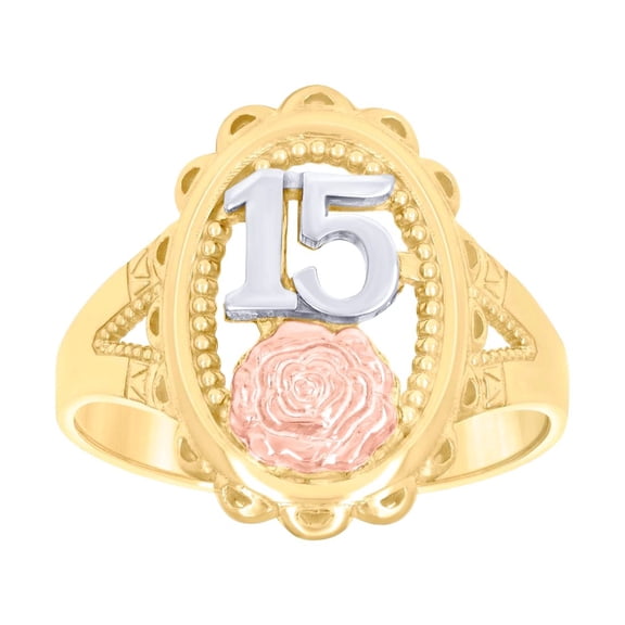 10k Tri-color Gold Womens Dc 15 Anos Oval Engagement Ring 17.6x2.6mm Wide Engagement Ring for Women