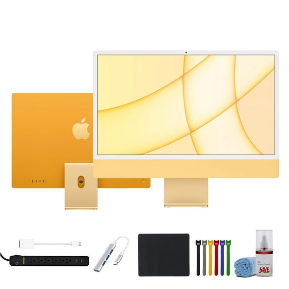 Restored Apple 24" iMac with M1 Chip (Mid 2021, Yellow) + Surge Protector + 4 Port Usb Hub + USB Adapter + Cleaning Kit + Mouse Pad + Cable Ties (Refurbished)