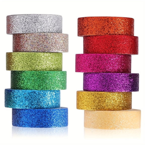 AIGIA 15MM DIY Glitter Washi Tape Set 12 Rolls Colored Masking Tape Sparkle Decorative Tape for Art Scrapbook Tape