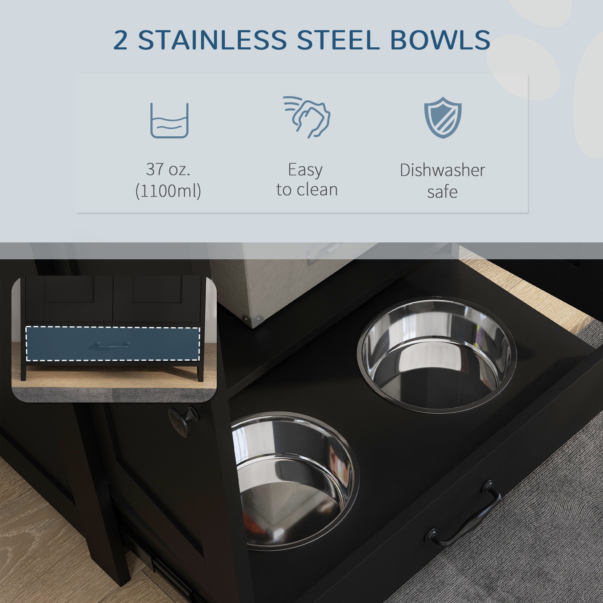 E-Western Dog Feeding Station with Hidden Bowls, Adjustable Storage Cabinet, Hooks for Medium Dogs, Black