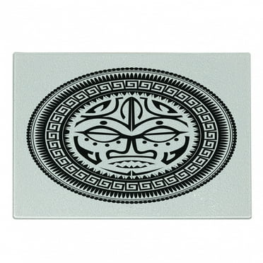 Black and White Cutting Board, Tribal Maori Culture Design with Dots and Curled Stripes Face, Decorative Tempered Glass Cutting and Serving Board, Small Size, Black and White, by Ambesonne