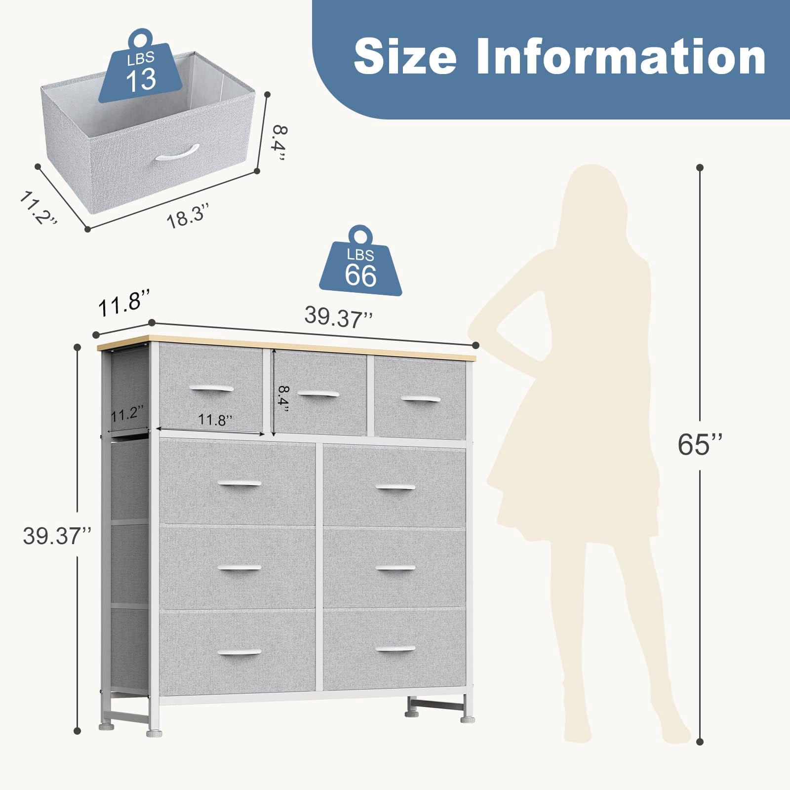 Telyra 9-Drawer Fabric Dresser Tall Storage Tower with Wood Top and Steel Frame Bedroom Closet Organizer, Light Gray