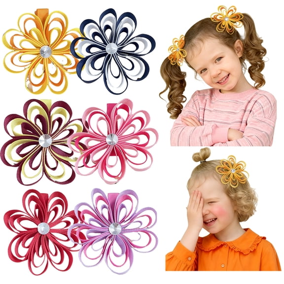 JoyBowie 6pcs 3in Ribbon Flower Hair Clips with Rhinestone Center Multi-Color