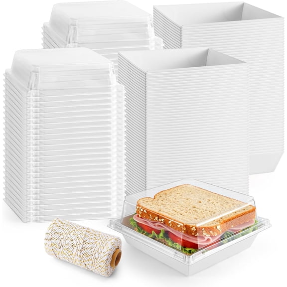 100 Pack Charcuterie Boxes with Clear Lids, 4.7 Inch Paper Bakery Boxes with Rope, Disposable Square Dessert Box, To Go Food Containers for Sandwich Cake Slice Cookies Dessert (White)