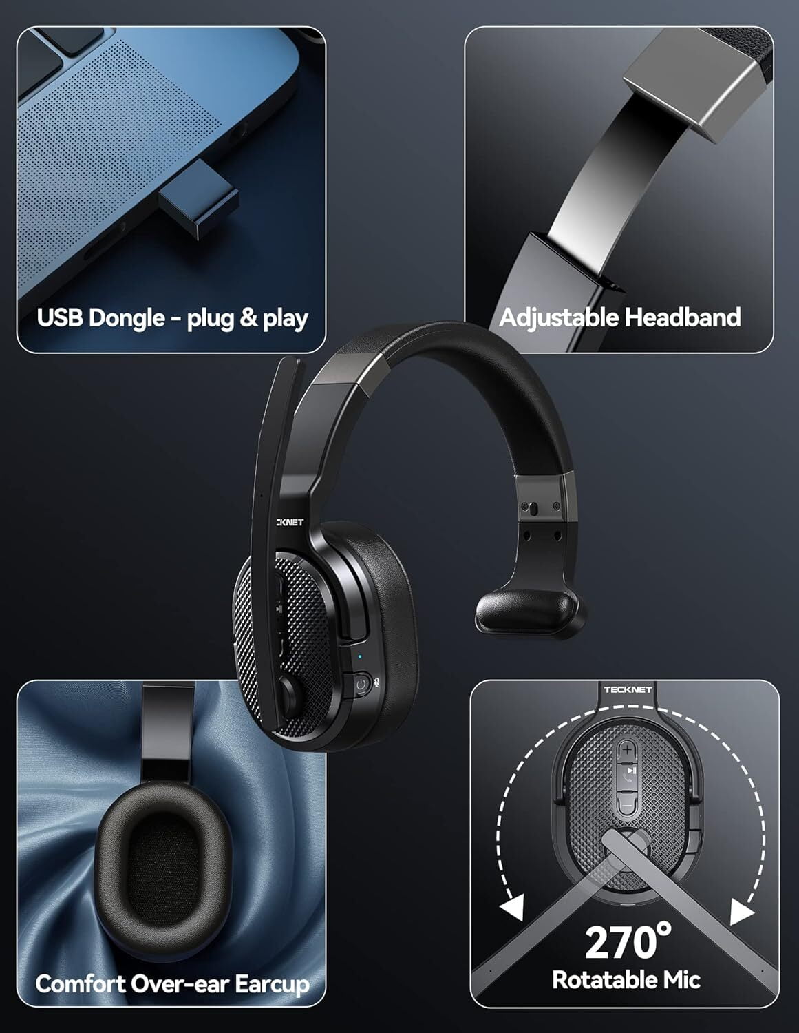 TECKNET Bluetooth Headset,Computer Bluetooth Headset with Microphone,AI Noise Canceling Headphones Dongle for PC Phone Laptop Office Home