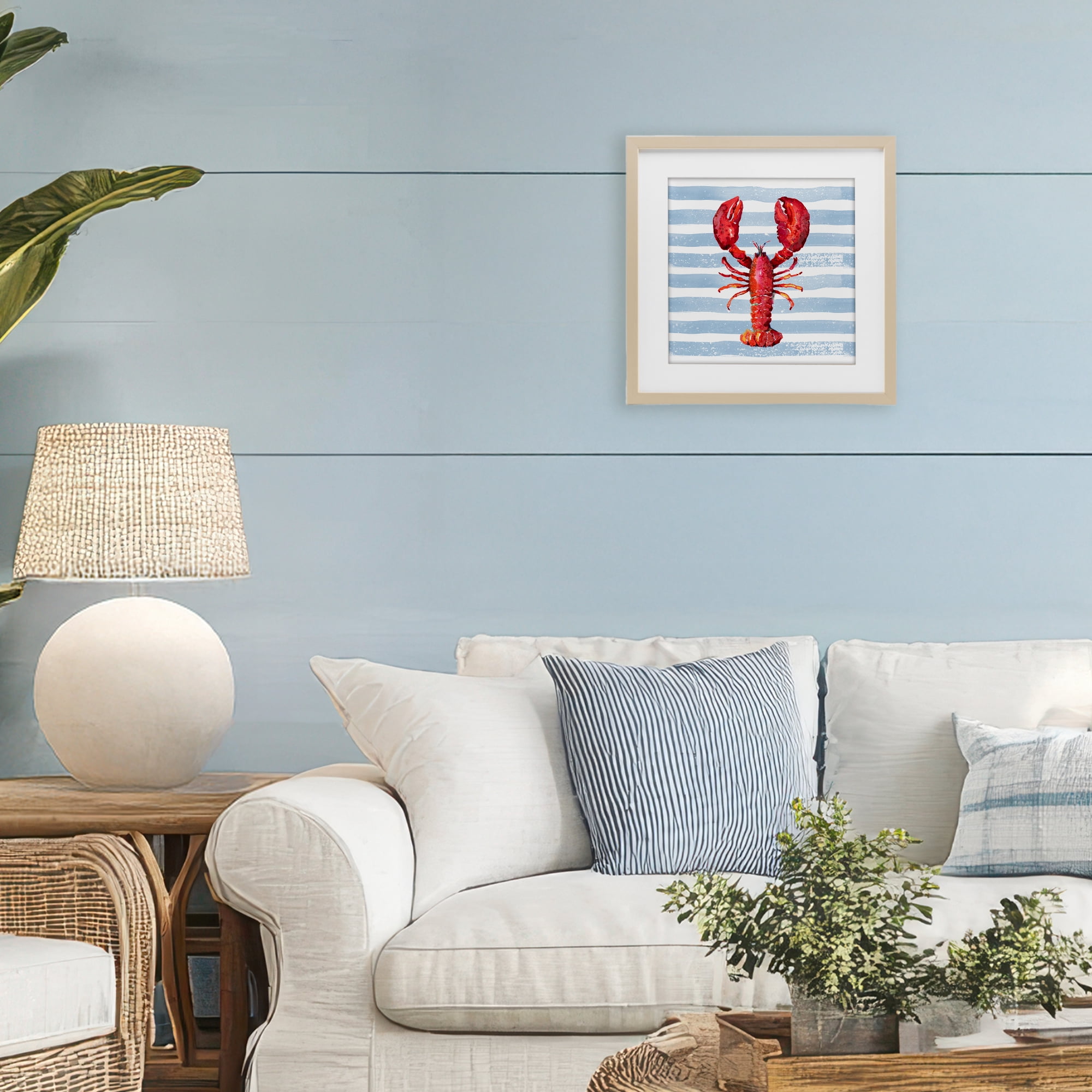 Stupell Industries Red Lobster on Blue Stripes Birch Framed Print Under Glass, design by Patricia Pinto