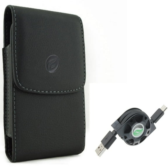 USB-C Cable w Case Belt Clip for Samsung Galaxy S21,S20 - Retractable Type-C Charger, Leather Holster Cover Combo