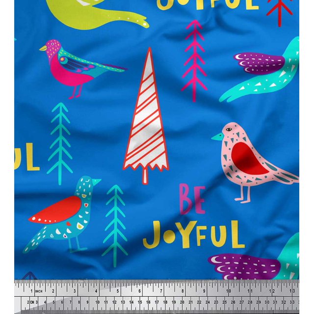 Soimoi Blue Velvet Fabric Text & Bird Artistic Fabric Prints By Yard 58 Inch Wide
